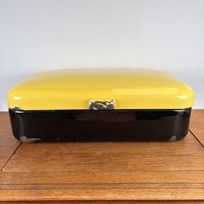 Vintage emaille broodtrommel geel zwart