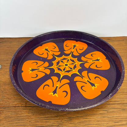 Vintage rond metalen dienblad paars oranje  motief