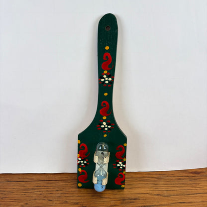 Vintage zandloper houten spatel groen geschilderd