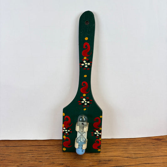 Vintage zandloper houten spatel groen geschilderd
