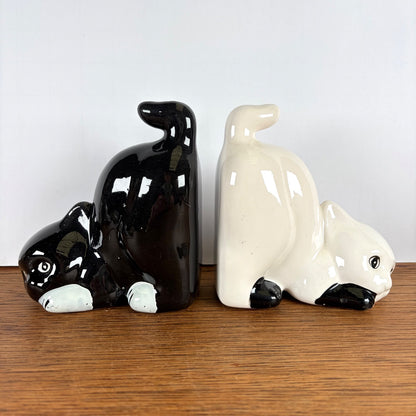 Vintage keramieke boekensteunen katten zwart en wit