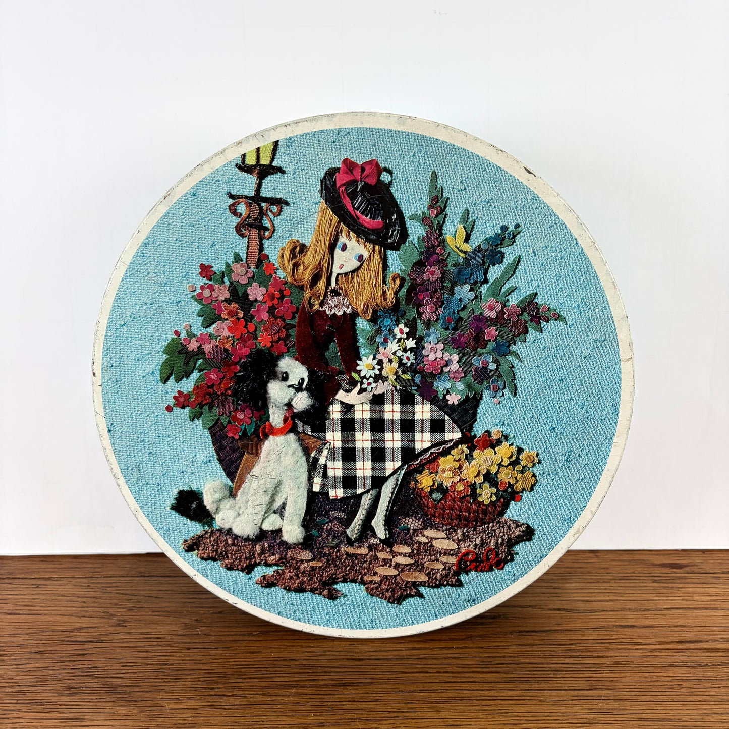 Vintage rond blik bloemendame