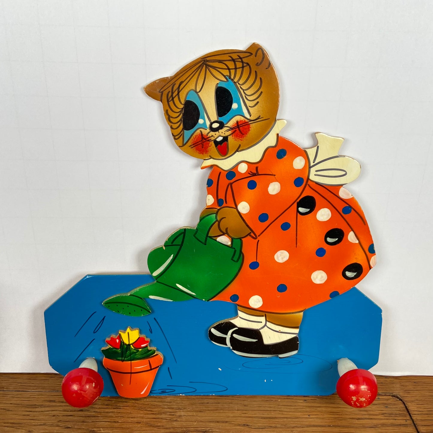 Vintage houten kinderkapstok kat