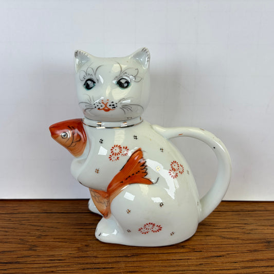 Vintage theepot kat met vis