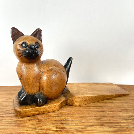 Vintage houten deurstopper kat