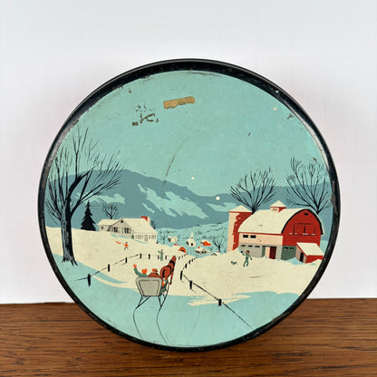 Vintage rond koekjes blik sneeuw