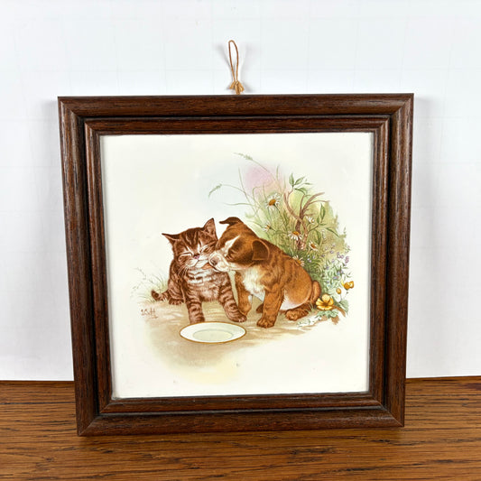 Vintage tegel kat en hond in lijst