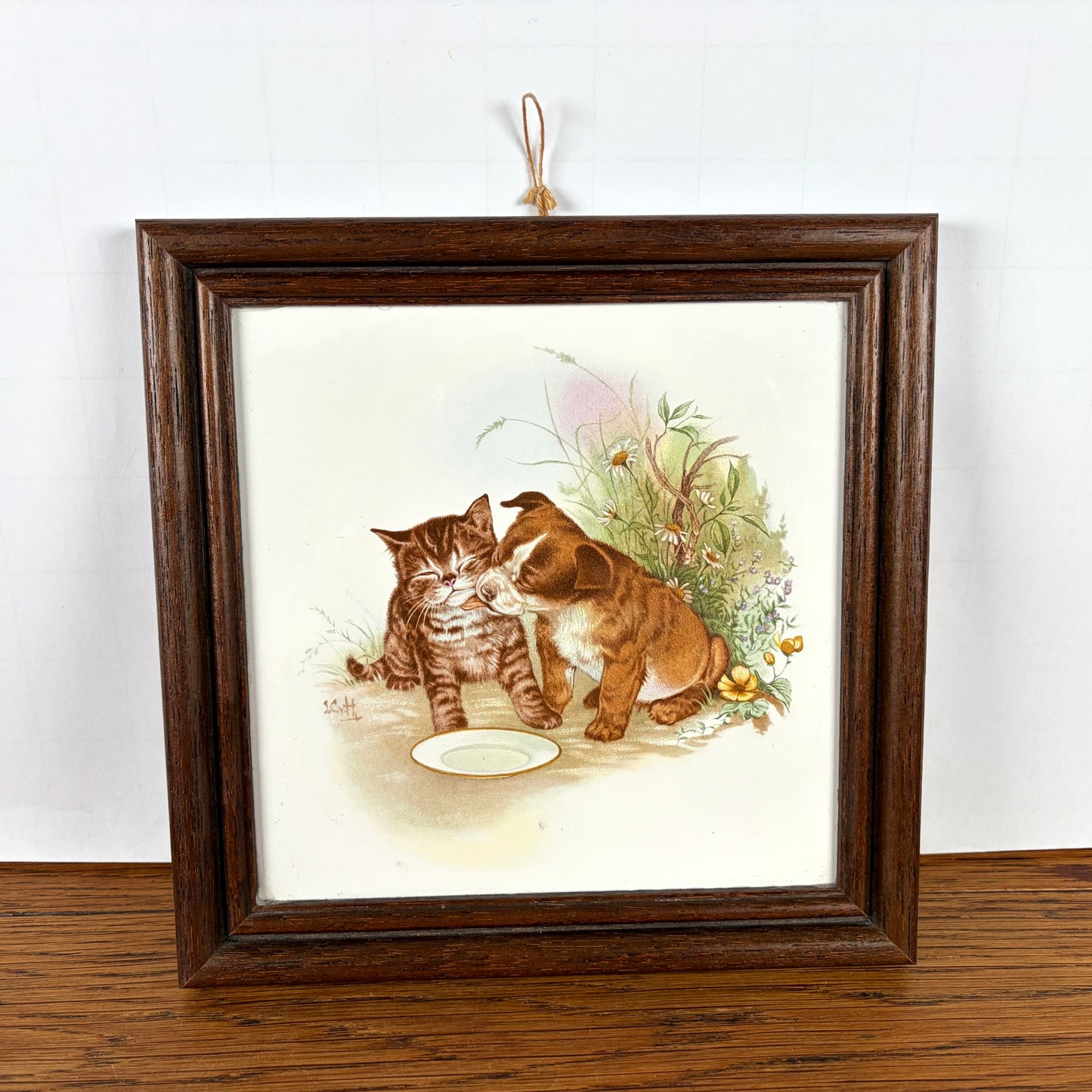 Vintage tegel kat en hond in lijst