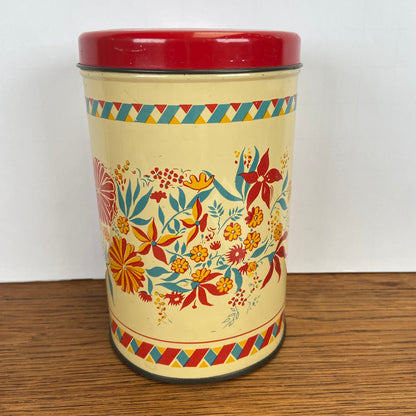 Vintage blik bloemen rode deksel