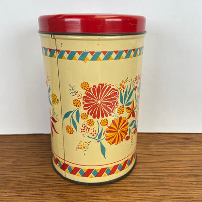 Vintage blik bloemen rode deksel