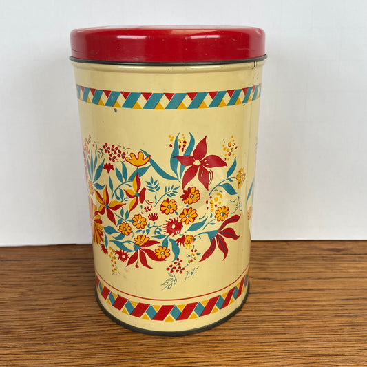 Vintage blik bloemen rode deksel