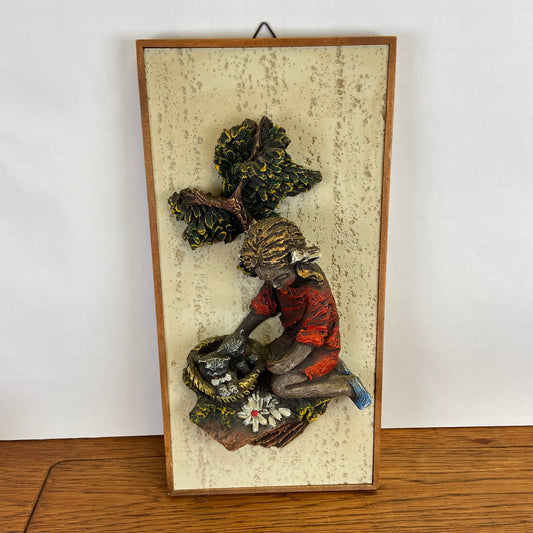 Vintage 3D schilderij meisje met kat
