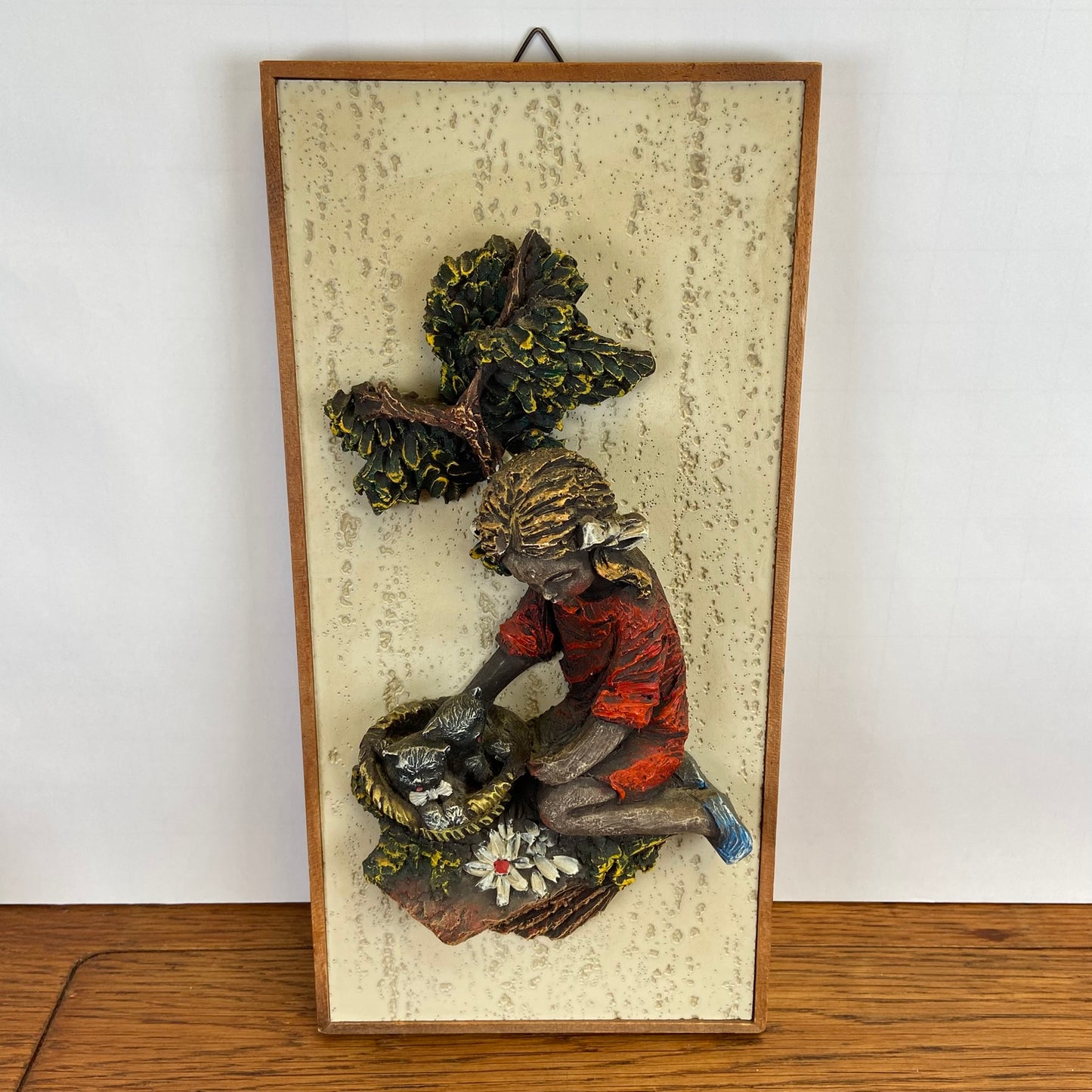Vintage 3D schilderij meisje met kat