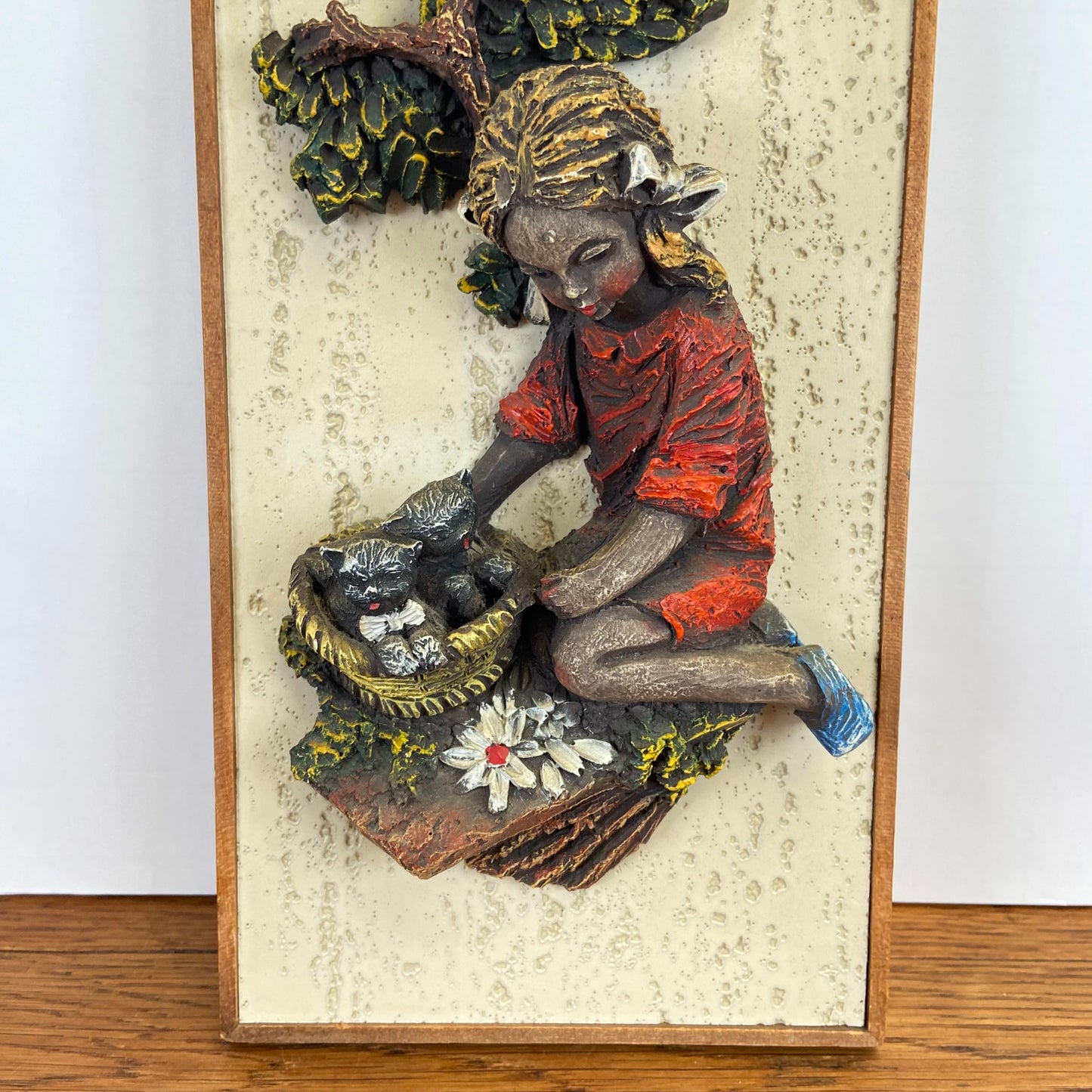 Vintage 3D schilderij meisje met kat