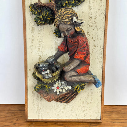 Vintage 3D schilderij meisje met kat