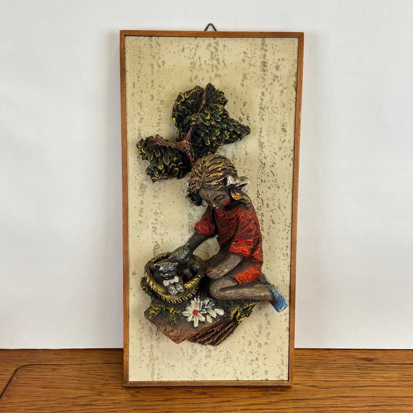 Vintage 3D schilderij meisje met kat