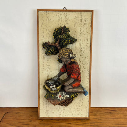 Vintage 3D schilderij meisje met kat