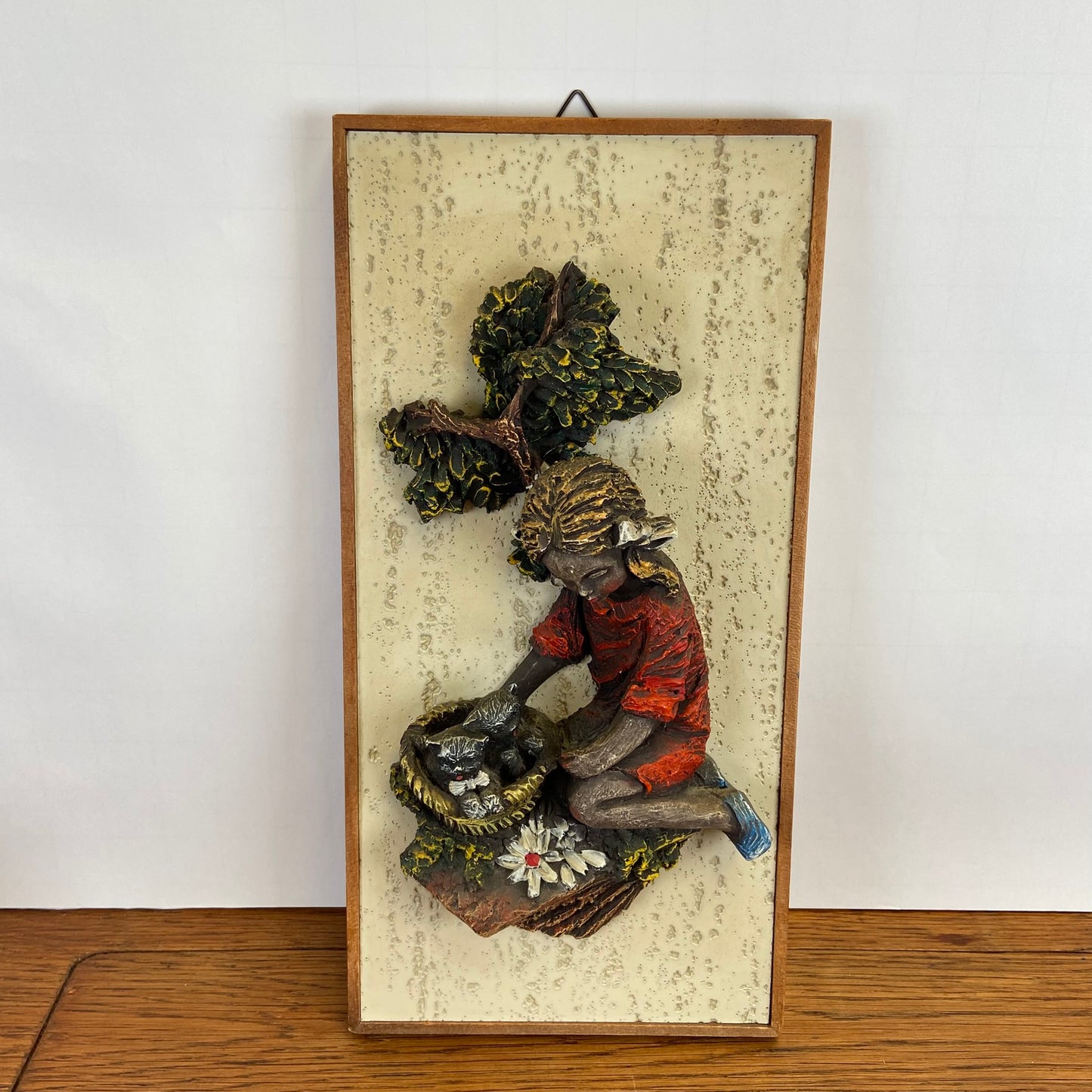 Vintage 3D schilderij meisje met kat