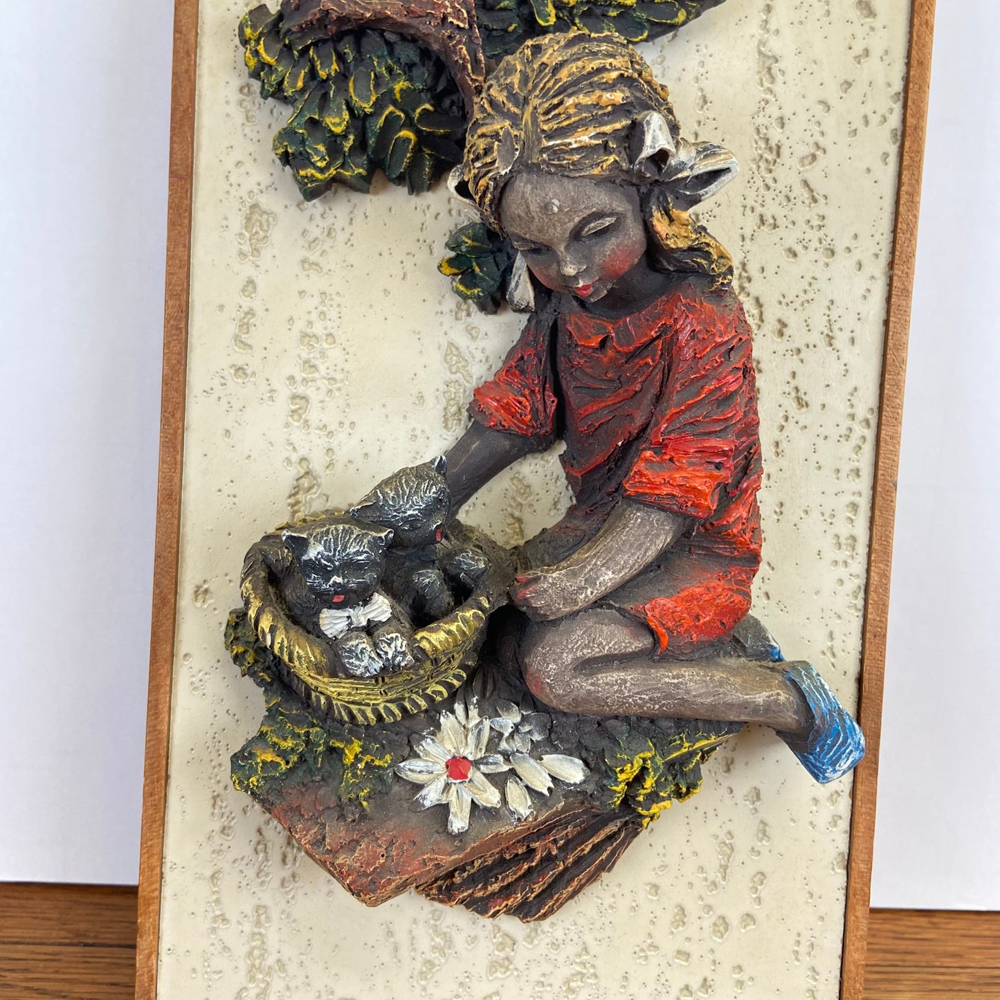 Vintage 3D schilderij meisje met kat