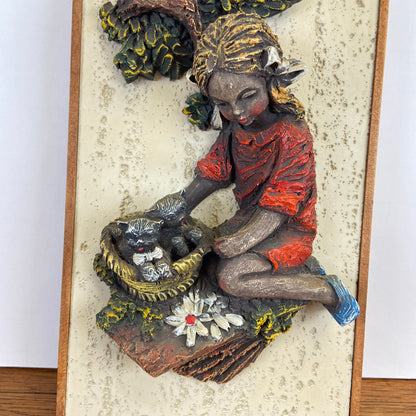 Vintage 3D schilderij meisje met kat