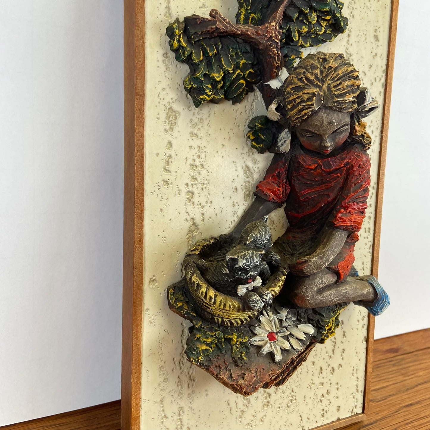 Vintage 3D schilderij meisje met kat