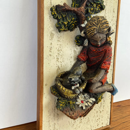 Vintage 3D schilderij meisje met kat