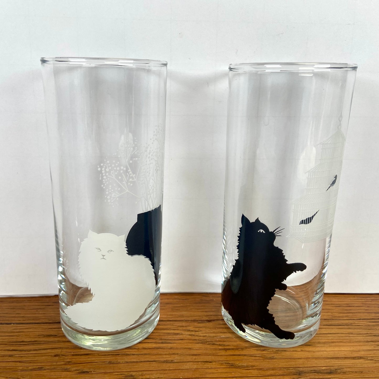 Vintage longdrink glazen kat zwart wit