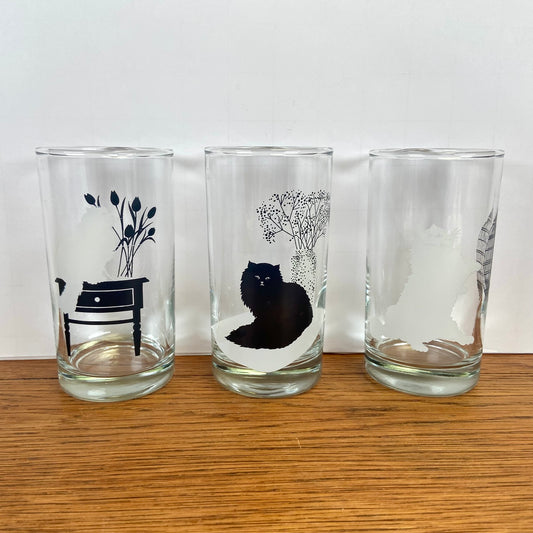 Set van 3 katten glazen zwart wit