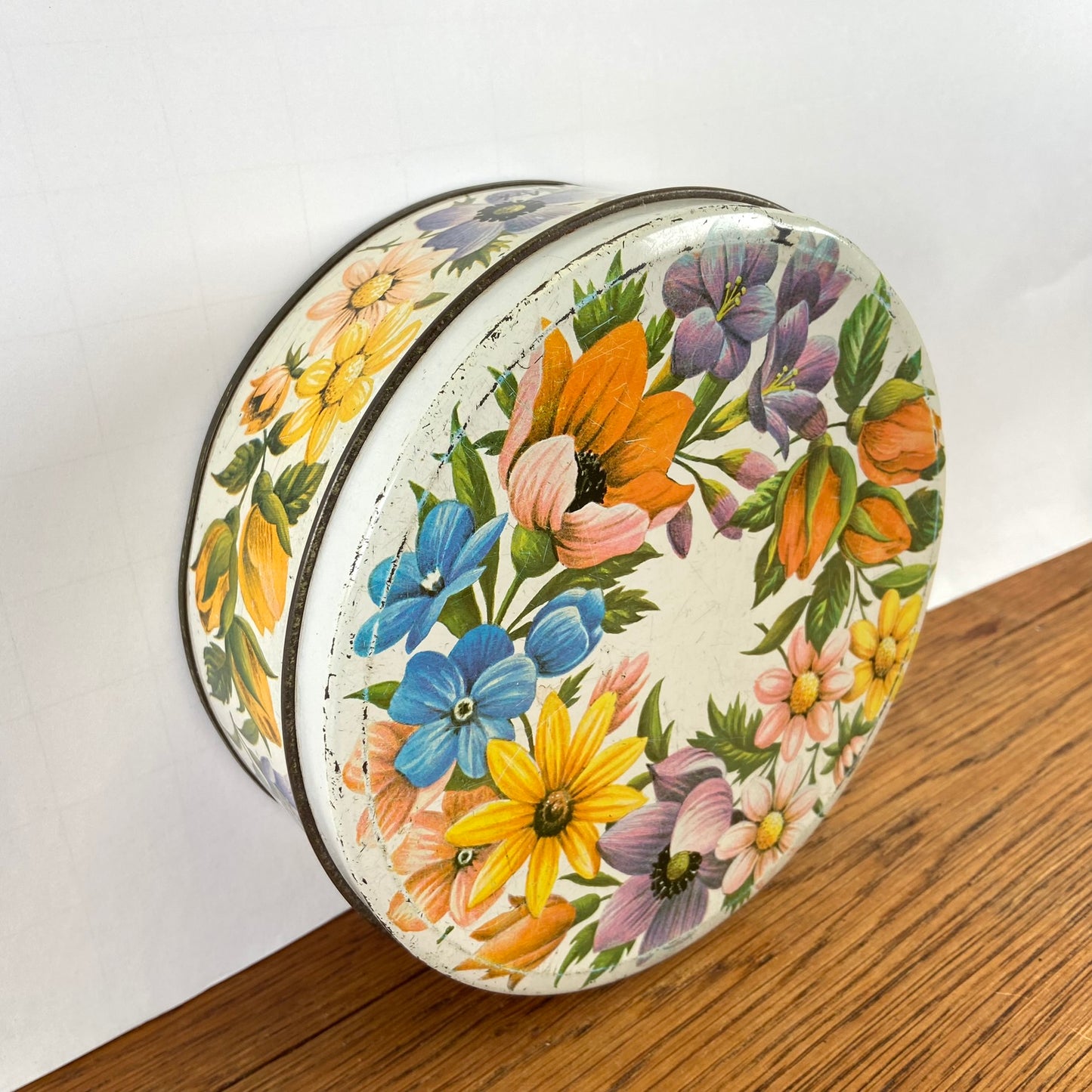 Vintage rond Ark blik bloemen