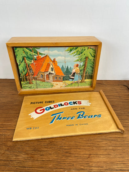 Vintage blokkenpuzzel goudlokje en de 3 beren