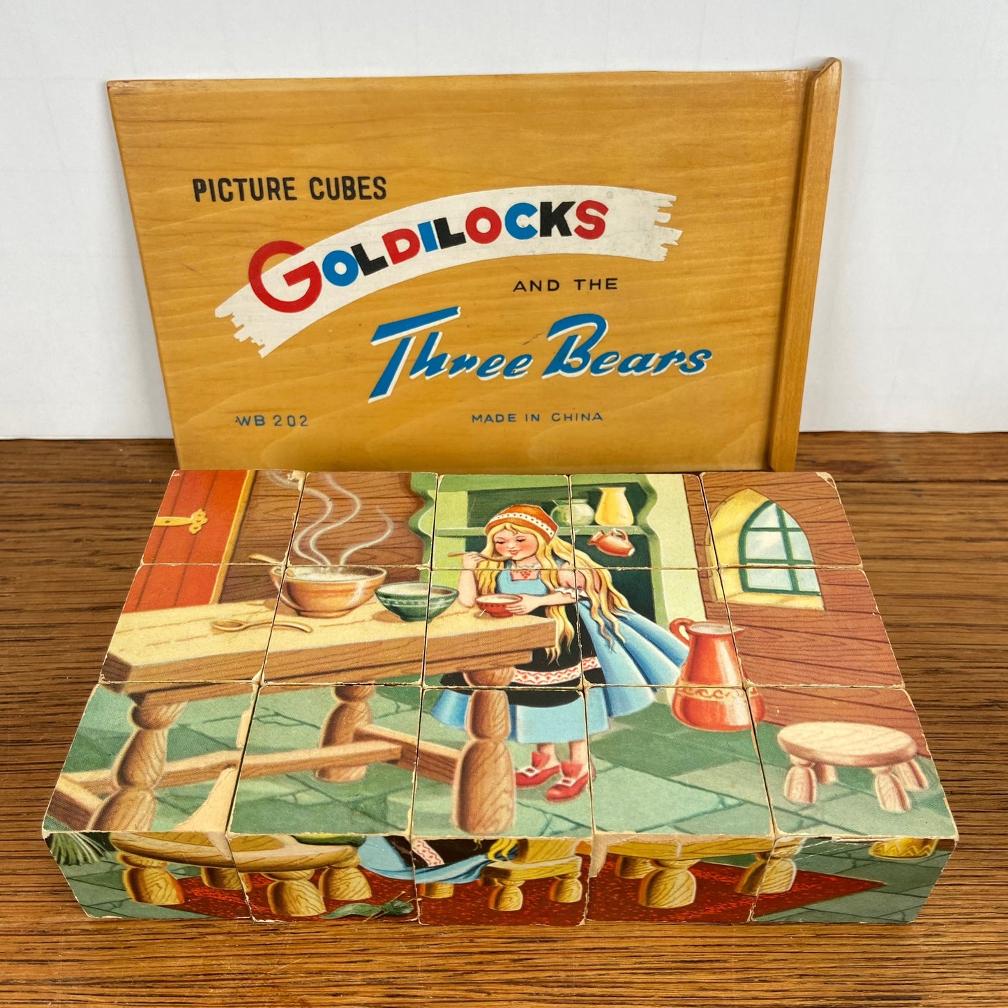 Vintage blokkenpuzzel goudlokje en de 3 beren