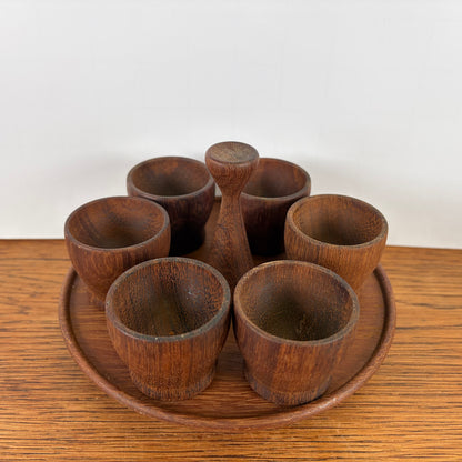 Vintage houten eierdopjes met houder