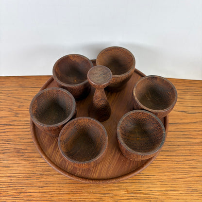 Vintage houten eierdopjes met houder