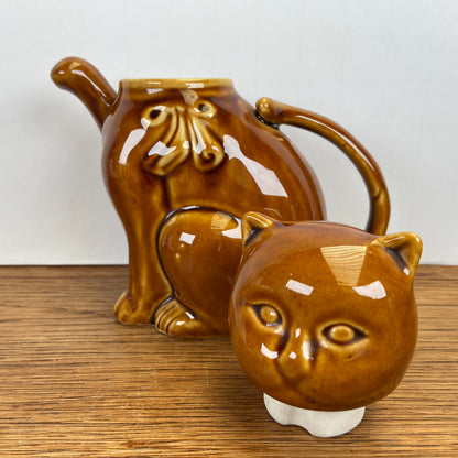 vintage katten theepot bruin