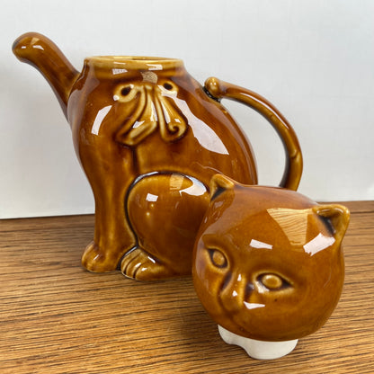 vintage katten theepot bruin