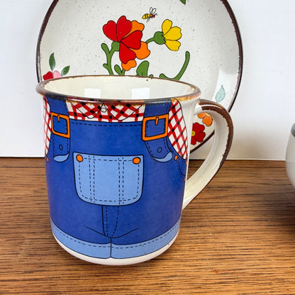 Vintage keramiek ontbijtset jongetje tuinbroek 3-delig
