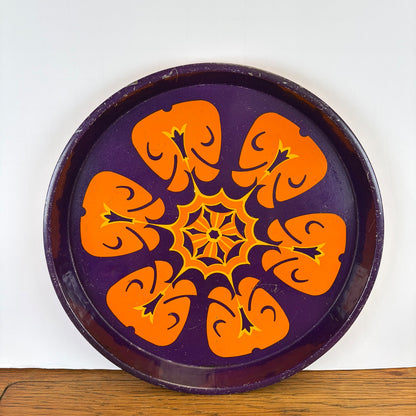 Vintage rond metalen dienblad paars oranje  motief