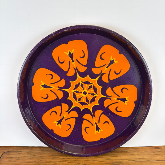 Vintage rond metalen dienblad paars oranje  motief