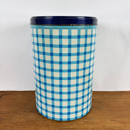 Vintage Tomado bewaarblik blauw-wit ruit