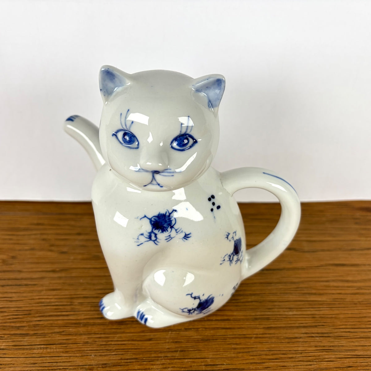Vintage theepot kat blauw wit