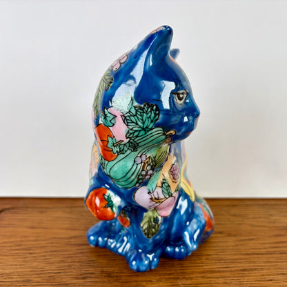 Vintage keramieken kat blauw met fruit HK Dynasty