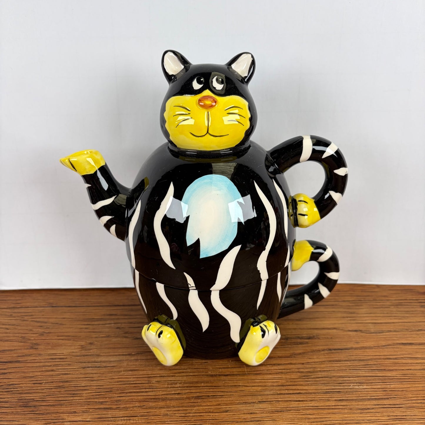 Vintage geel zwarte theepot kat