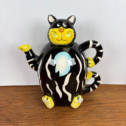 Vintage geel zwarte theepot kat