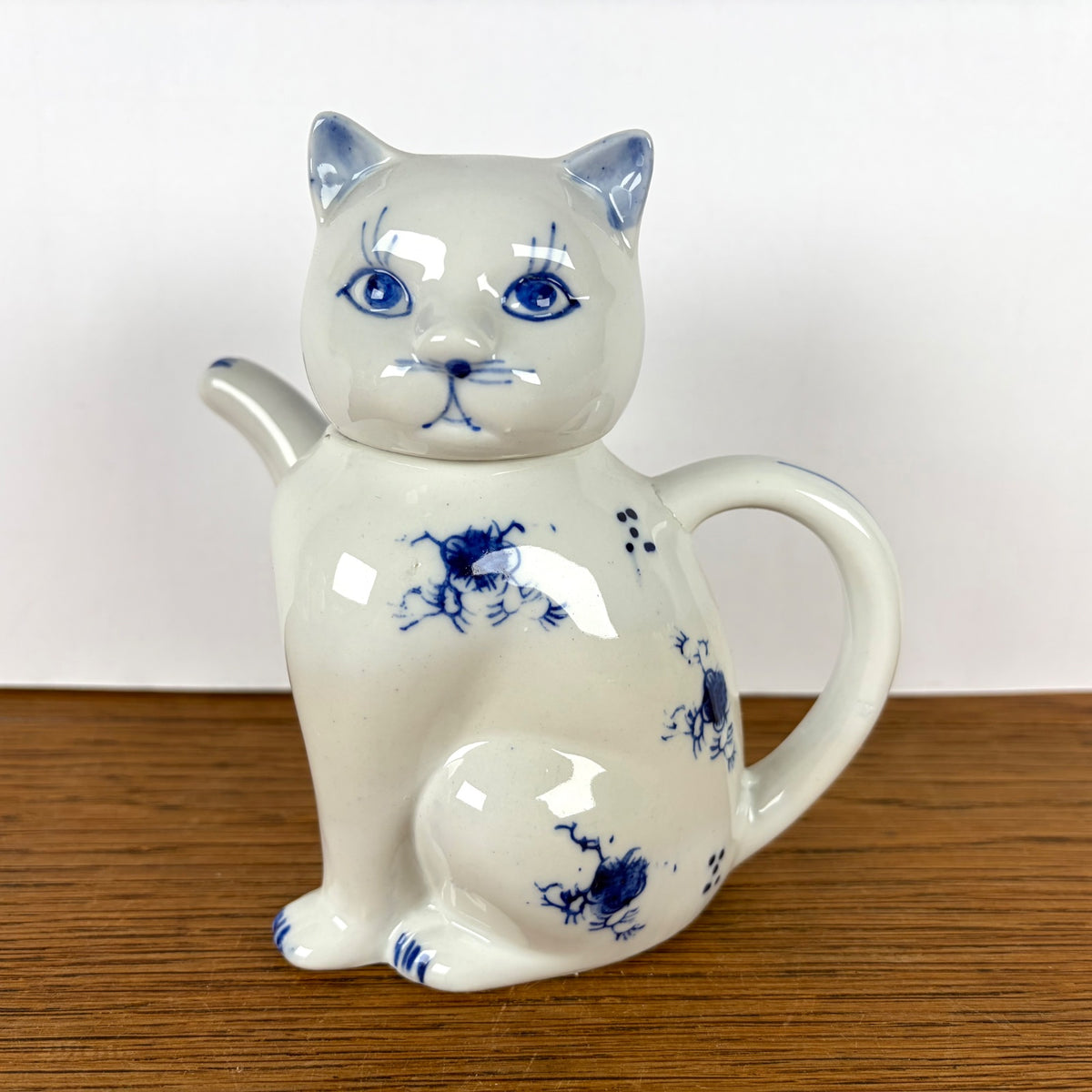 Vintage theepot kat blauw wit