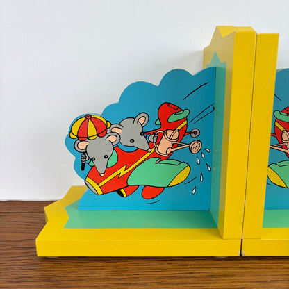 Vintage houten boekensteunen muisjes in vliegtuig