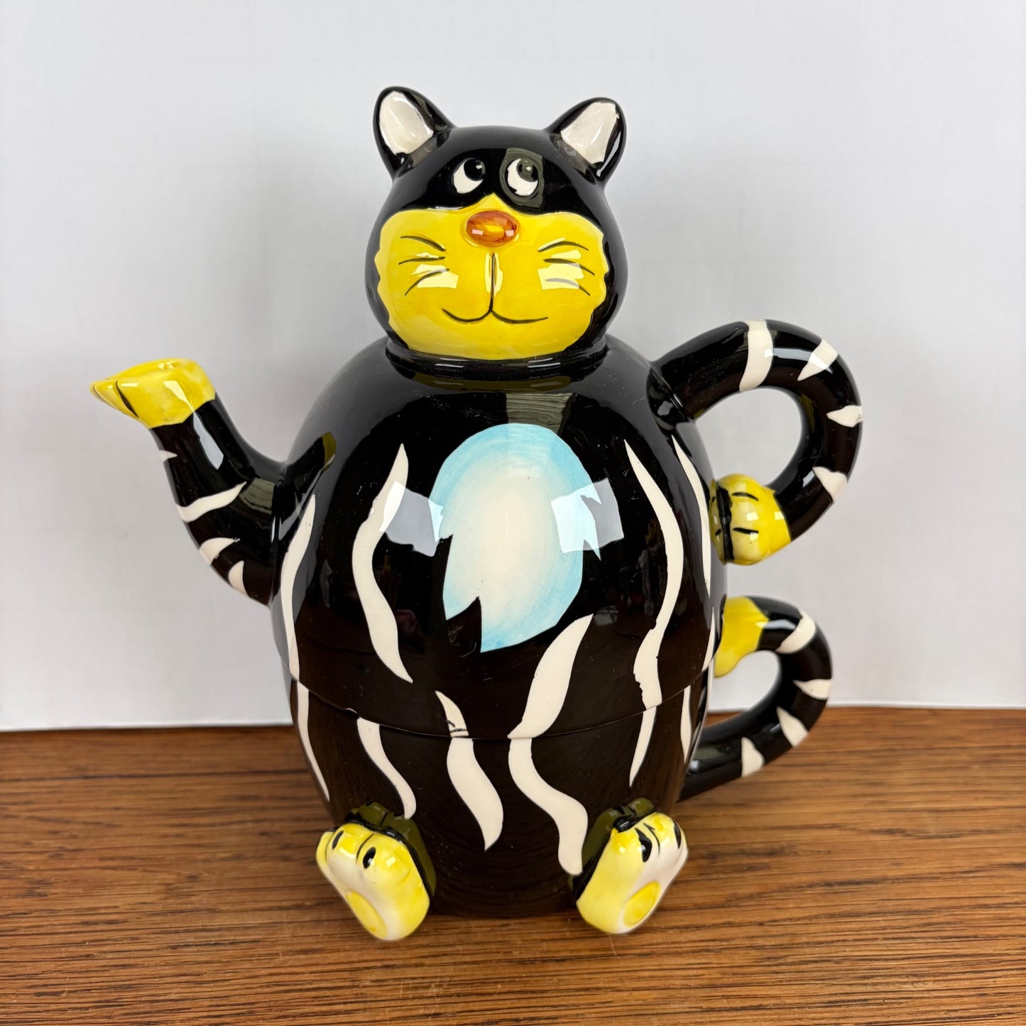 Vintage geel zwarte theepot kat