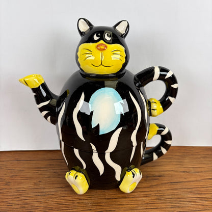 Vintage geel zwarte theepot kat