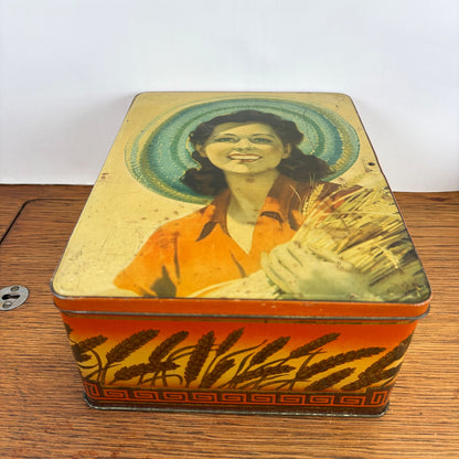 Vintage Lonka blik dame met hoed en tarwe