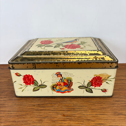 Vintage Niemeijer thee blik vogel en roosjes
