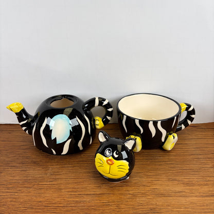 Vintage geel zwarte theepot kat